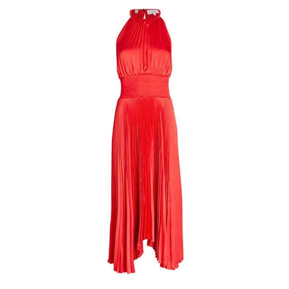 A.L.C. Renzo II Asymmetric Pleated Midi-dress Red Halter Neckline Smocked NWT - Picture 2 of 12